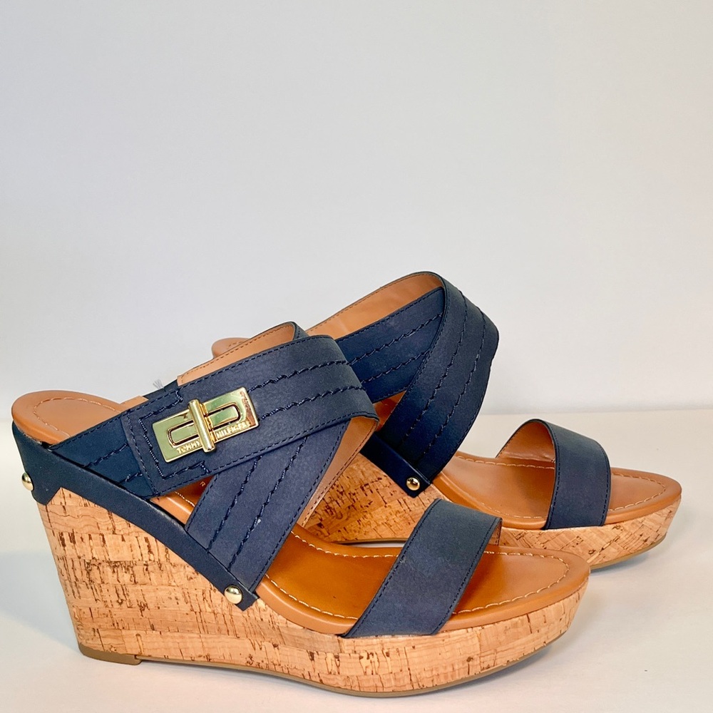 Tommy Hilfiger Mili 2 Wedge Cork Navy Heels Size 8.5 Sandals
